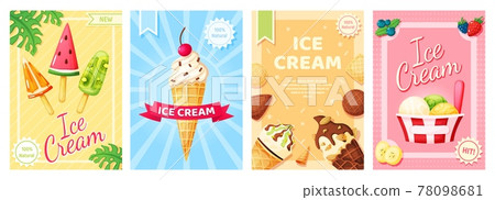 Ice cream poster. Cold summer desserts promotional banner. Flyer template with vanilla, chocolate sundae, fruit ice, popsicle for shop, cafe menu, restaurant vector set 78098681