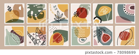 Organic abstract print. Minimal boho wall art decor. Organic shapes, tropical plants, leaves, flowers, fruits, nature elements. Modern botanical square poster vector set Organic abstract print. Minimal boho wall art decor. Organic shapes, tropical plants, leaves, flowers, fruits, nature elements. Modern botanical square poster vector set 78098699