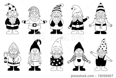 Gnome. Cartoon funny Nordic dwarf. Black and white Scandinavian holiday elves with greeting gestures. Fairy tale happy characters set. Bearded men in hats wave hands. Vector garden toy 78098807