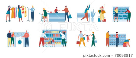 People in store. Family buying groceries. Consultant helping couple purchase home appliance. Men and women shopping at supermarket, mall, boutique vector set People in store. Family buying groceries. Consultant helping couple purchase home appliance. Men and women shopping at supermarket, mall, boutique vector set 78098817