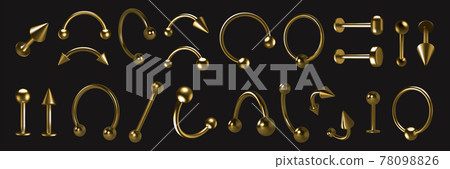 Golden piercing. Realistic luxury metallic body decoration with cones and balls. 3D earrings set. Pierce rings or barbells. Isolated metal jewelry. Vector accessories with light reflection Golden piercing. Realistic luxury metallic body decoration with cones and balls. 3D earrings set. Pierce rings or barbells. Isolated metal jewelry. Vector accessories with light reflection 78098826