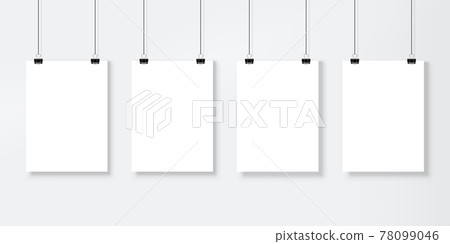 Poster mockup. Blank photo, picture paper frame template with holders and ropes for portfolio, gallery and display. Empty white banners vector set 78099046