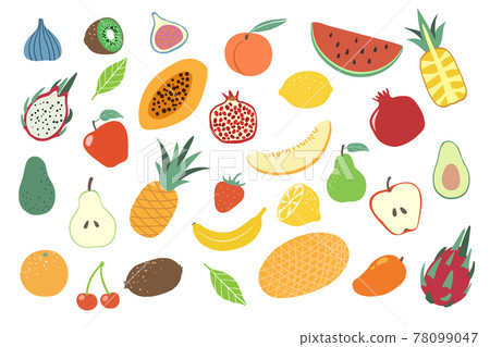 Fruits. Doodle apple, orange and pear, lemon and watermelon, cherry and pineapple, kiwi. Banana, peach and avocado vegan food, juicy fruit vector set Fruits. Doodle apple, orange and pear, lemon and watermelon, cherry and pineapple, kiwi. Banana, peach and avocado vegan food, juicy fruit vector set 78099047