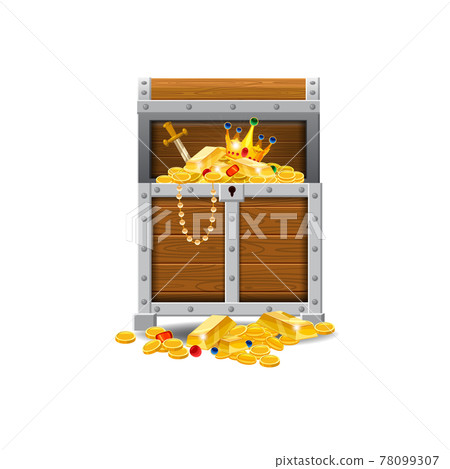 Wooden old pirate chests, full of treasures, gold coins, treasures, vector, cartoon style, illustration, isolated. For games, advertising applications Wooden old pirate chests, full of treasures, gold coins, treasures, vector, cartoon style, illustration, isolated. For games, advertising applications 78099307