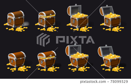 Set old pirate chests full of treasures, gold coins, vector, cartoon style, illustration, isolated. For games, advertising applications 78099329