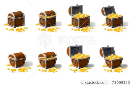 Set old pirate chests full of treasures, gold coins, vector, cartoon style, illustration, isolated. For games, advertising applications 78099330
