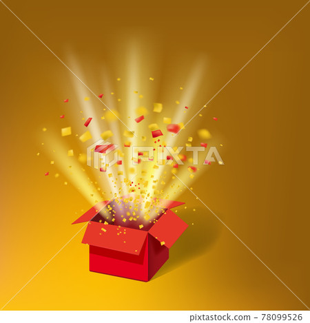 Open Red Gift Box and Colour Confetti. Bright Rays. Vector Illustration. Isolated, Template Baner, Poster 78099526