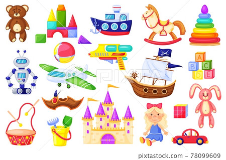 Kids cartoon toy. Cute baby doll, teddy bear, bunny, airplane, car, robot, drum, cubes, blocks. Game toys for children to play vector set 78099609