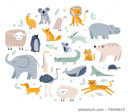Scandinavian animals. Cute childish fox, elephant, bear, crocodile, rabbit, cat. Hand drawn forest and jungle animal doodles for kids vector set Scandinavian animals. Cute childish fox, elephant, bear, crocodile, rabbit, cat. Hand drawn forest and jungle animal doodles for kids vector set 78099615