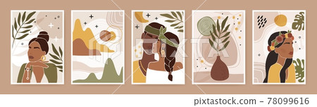 Abstract couple portrait. Modern print with male and female silhouette kissing, leaves, organic shapes, flowers. Contemporary poster vector set 78099616