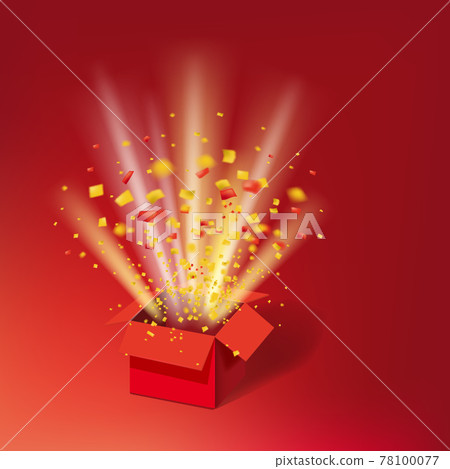 Open Red Gift Box and Colour Confetti. Bright Rays. Vector Illustration. Isolated, Template Baner, Poster Open Red Gift Box and Colour Confetti. Bright Rays. Vector Illustration. Isolated, Template Baner, Poster 78100077