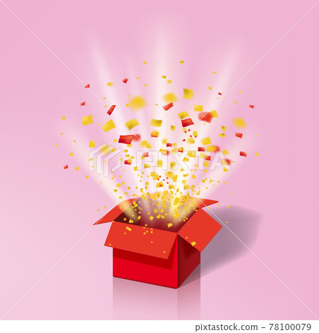 Open Red Gift Box and Colour Confetti. Bright Rays. Vector Illustration. Isolated, Template Baner, Poster Open Red Gift Box and Colour Confetti. Bright Rays. Vector Illustration. Isolated, Template Baner, Poster 78100079