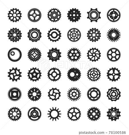 Gears icon. Industrial engine gear or cog. Round cogwheel mechanism, machine engineering cogs, clock cogwheels, mechanical wheels vector set 78100586