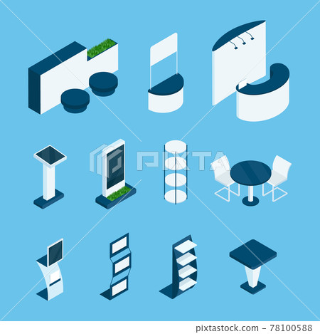 Isometric exhibition stands. Empty expo booth, display kiosk and table, stall for demo product showroom 3d vector interior elements 78100588
