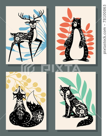 Animals posters. Scandinavian style modern forest fox, bear and wolf, deer. Scandi, finnish folk floral nordic patterns vector set 78100863