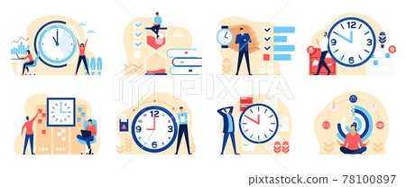 Time management. Productive business people organizing their time. Effective work planning, multitasking concept with clocks and hourglass vector set 78100897
