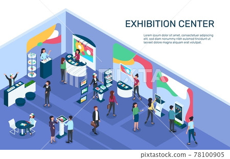 Isometric expo. Exhibition center with people, exhibit displays, stands, booths. Digital marketing, products promotion event 3d vector illustration 78100905