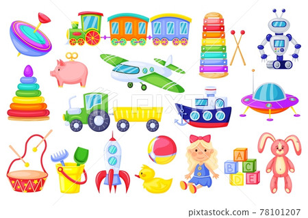Kids toys. Cartoon rocket, ship, train, cute girl doll, duck, plush bunny, alphabet cubes. Colorful plastic toy for toddlers vector set 78101207