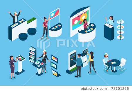 Isometric exhibition. People in expo at stand, booth. Sellers display products. Retail area event, showcase, advertising banners 3d vector set 78101226