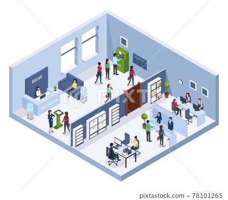 Isometric bank office. Reception, waiting area, atm. Finance consultants with clients. Bank interior with clients and employees 3d vector concept 78101265