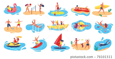 Beach activities. Active man and woman surfing, windsurfing, swimming, scuba diving. Summer vacation outdoor water sport activity vector set Beach activities. Active man and woman surfing, windsurfing, swimming, scuba diving. Summer vacation outdoor water sport activity vector set 78101311