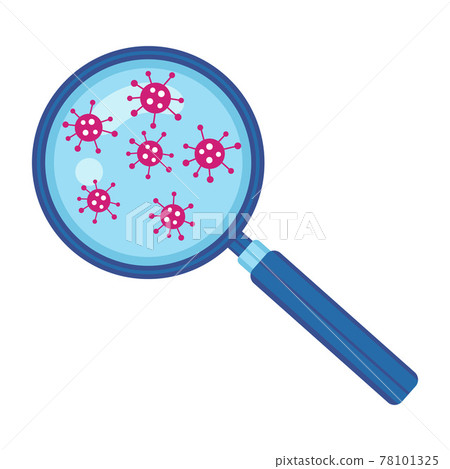 Coronavirus under magnifying glass sign. Magnifier shows viruses or bacteria cells. Optical tool. Rapid detection new strain COVID-19. Prevention, screening infection pneumonia disease. Flat vector Coronavirus under magnifying glass sign. Magnifier shows viruses or bacteria cells. Optical tool. Rapid detection new strain COVID-19. Prevention, screening infection pneumonia disease. Flat vector 78101325