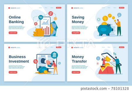 Online banking landing. Mobile money transfer, business investments, saving money, secure payment concept. Digital bank vector web template set 78101328