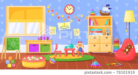 Kindergarten room. Preschool children playroom interior with toys, bookshelves, blackboard and furniture. Cartoon classroom vector illustration 78101919