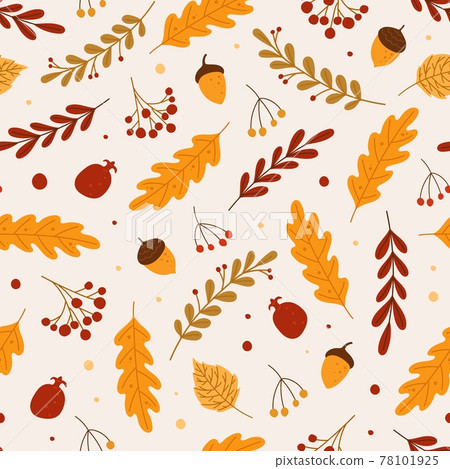Autumn seamless pattern. Red or yellow dry fallen leaves, acorns, berries. Hand drawn foliage and fall forest nature elements vector background 78101925