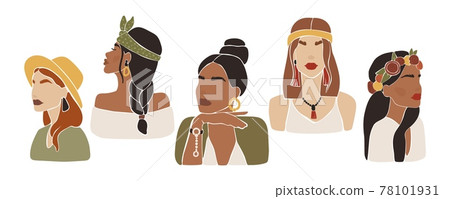 Abstract women portraits. Minimal paper cut female silhouette. Contemporary fashion girl with stylish jewelry and boho style accessories vector set 78101931