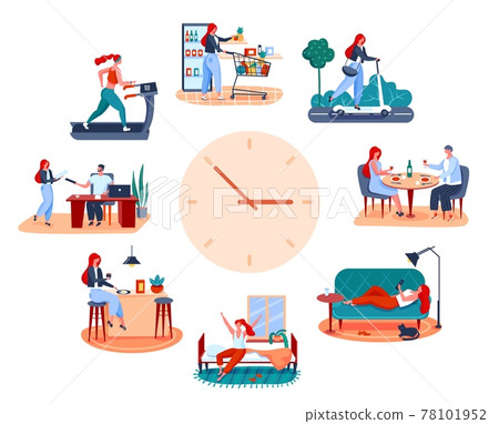 Woman routine. Eating breakfast, going to work, working out, having romantic dinner. Young girl daily activities vector illustration Woman routine. Eating breakfast, going to work, working out, having romantic dinner. Young girl daily activities vector illustration 78101952