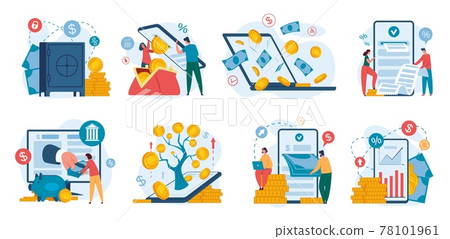 Online banking. Internet financial operations using smartphone. Digital bank deposit, phone payment, saving money, cashback, concept vector set 78101961