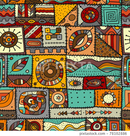 Sewn pieces of fabric in a patchwork style. Ethnic Ornament for your design. Seamless pattern Sewn pieces of fabric in a patchwork style. Ethnic Ornament for your design. Seamless pattern 78102886