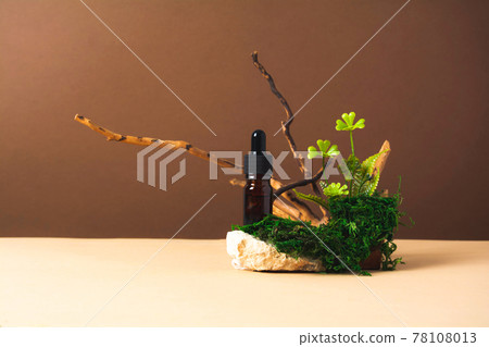 Serum and oil cosmetic bottle on a concrete stone podium with wooden branch, moss and green plants Serum and oil cosmetic bottle on a concrete stone podium with wooden branch, moss and green plants 78108013