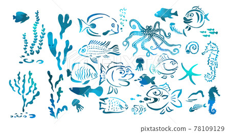 Set of blue multicolored marine life. Vector illustration of set of sea creatures 78109129