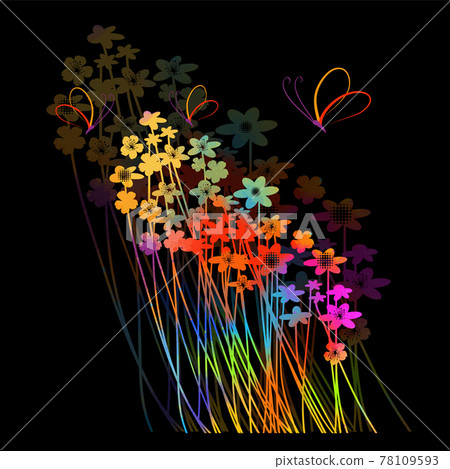 The background is a postcard with small and multicolored flowers. On a black background. Vector illustration The background is a postcard with small and multicolored flowers. On a black background. Vector illustration 78109593
