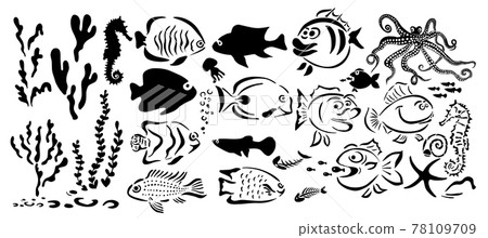 Set of monochrome marine life. Vector illustration of set of sea creatures 78109709