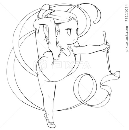 Female rhythmic gymnast who acts as a ribbon with a serious expression, line drawing 78111024