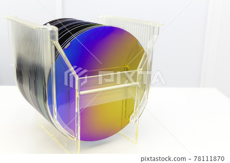 Silicon Wafers in plastic storage box in clear room of semiconductor foundry. 78111870