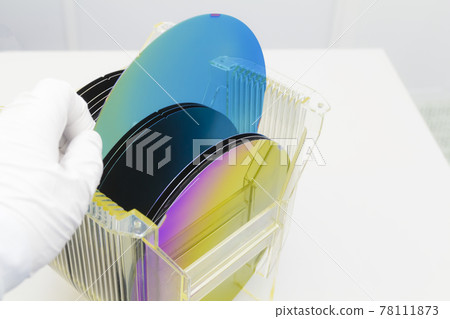 Silicon Wafers in plastic storage box in clear room of semiconductor foundry. 78111873