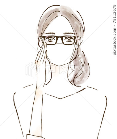 Illustration of a smiling woman wearing glasses and a mask Illustration of a smiling woman wearing glasses and a mask 78112679