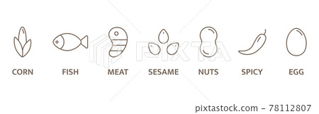 Allergen line icon set. Spicy, fish, egg, corn, nuts, meat, sesame free badges. Allergy warning ingredients. Vegetarian label. Eco, bio. Healthy food. Vector illustration Allergen line icon set. Spicy, fish, egg, corn, nuts, meat, sesame free badges. Allergy warning ingredients. Vegetarian label. Eco, bio. Healthy food. Vector illustration 78112807