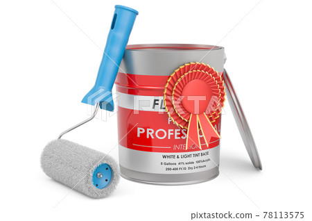 Paint can and roller brush with best choice badge, 3D rendering 78113575