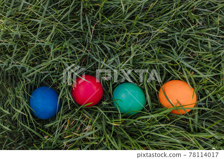 painted and decorative Easter eggs in the grass. Top view, copy space painted and decorative Easter eggs in the grass. Top view, copy space 78114017