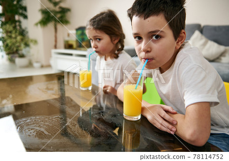 Adorable children, brother and sister drinking vitamin juice 78114752