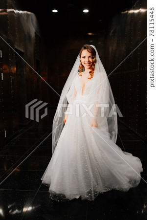 beautiful bride in a white elegant dress, with a veil goes down a dark corridor beautiful bride in a white elegant dress, with a veil goes down a dark corridor 78115448