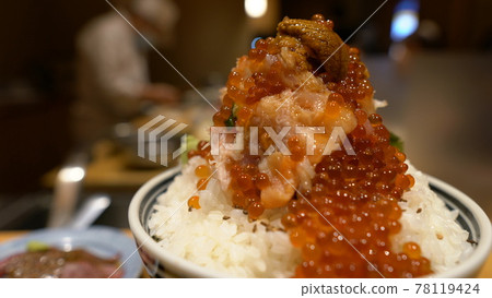 海鮮蓋飯、鮭魚子、海膽、蓋飯、精美壽司 海鮮蓋飯、鮭魚子、海膽、蓋飯、精美壽司 78119424