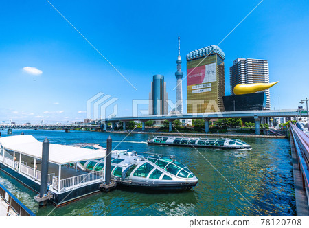 Tokyo cityscape of Japan Sumida River and water bus "Emeraldas", "Hotaruna" (in the back of the screen) 78120708