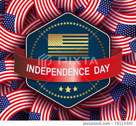 Holiday card with USA flags set, polygonal blue frame, independence day, design component 78123395