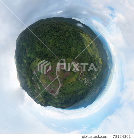 Little planet 360 degree sphere. Panorama of aerial view of cars driving on curved, zigzag curve road or street on mountain hill with natural forest trees in rural area of Phetchabun, Thailand. Little planet 360 degree sphere. Panorama of aerial view of cars driving on curved, zigzag curve road or street on mountain hill with natural forest trees in rural area of Phetchabun, Thailand. 78124301